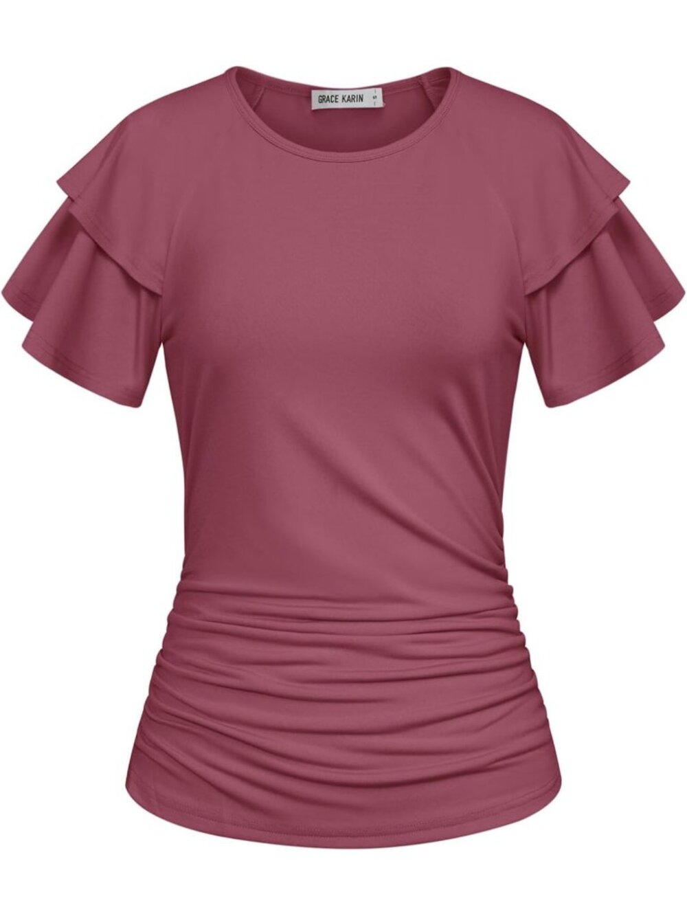 Women's T Shirt Fuchsia Polyester Crew Neck Casual Wrap Blouse Ruffle Sleeve